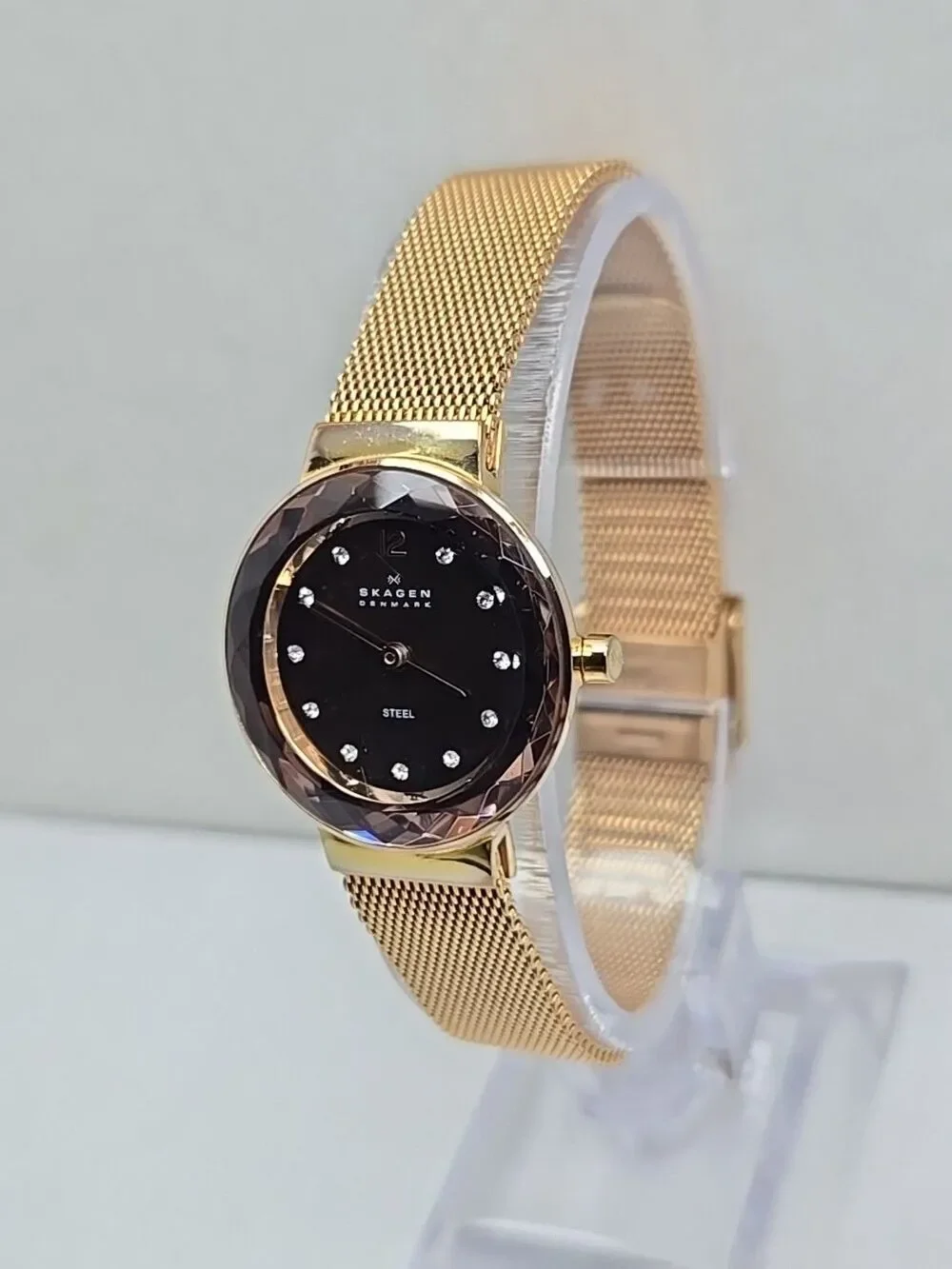 Skagen Leonora Faceted Crystal Rose Gold Mesh Watch Brown MOP New Battery